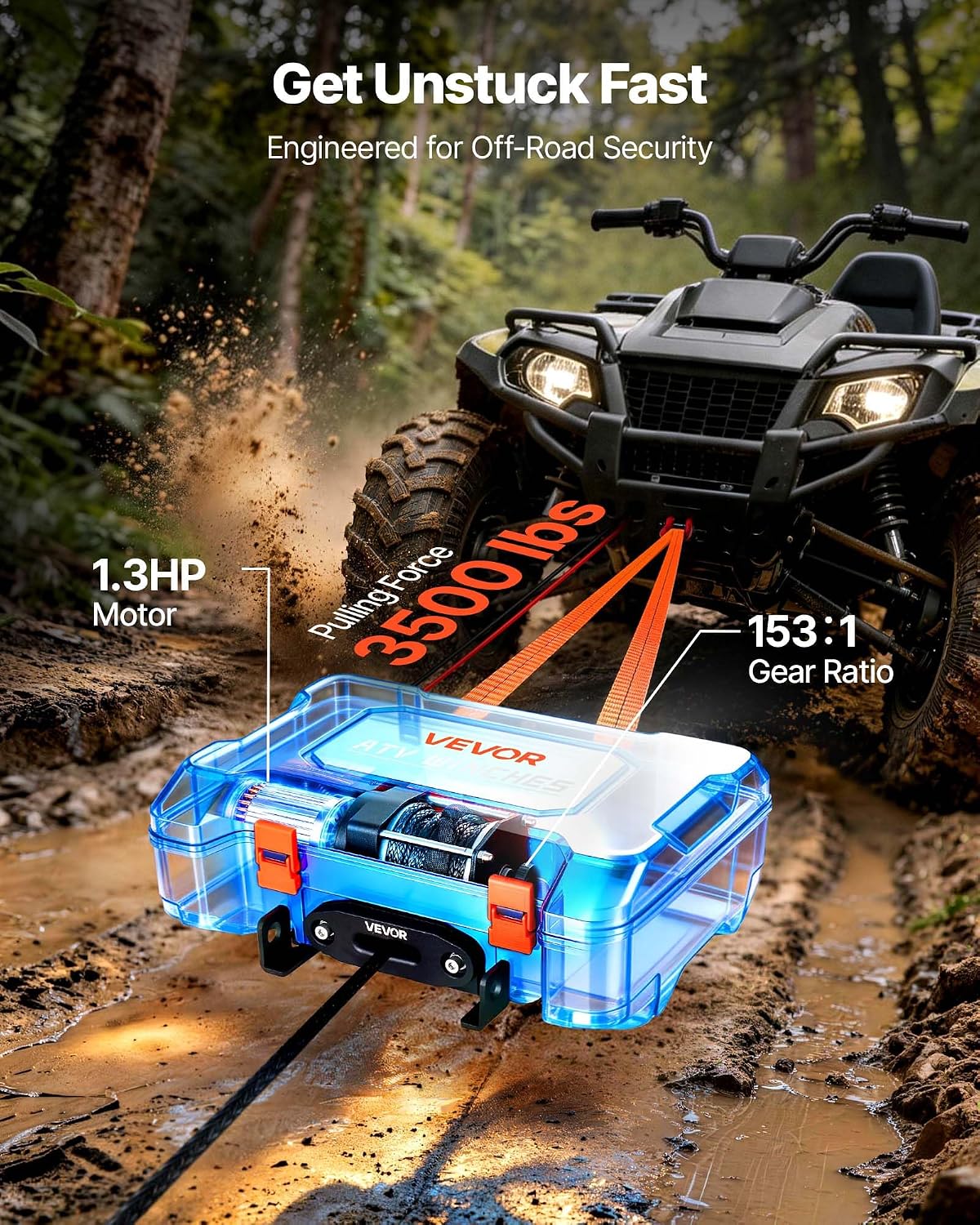 Portable Winch, 3500 lbs 12V DC Electric Winch with Synthetic Rope, Wireless & Wired Remotes, Box-Style Recovery Kit