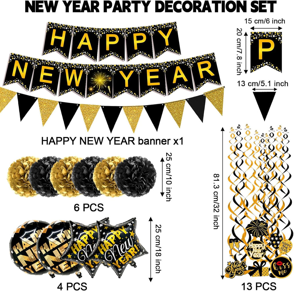 Happy New Year Paper Banner Triangle Flag Bunting Pom poms Swirls Streamers & Balloons for New year Party Decoration