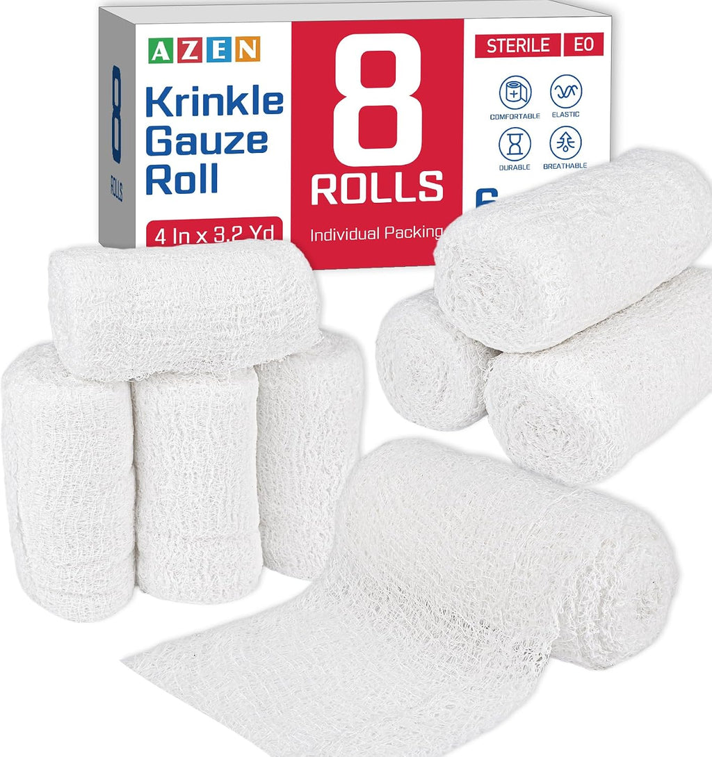 8 Pack Krinkle Gauze Rolls, 4 in x 3.2 Yards, 6-Ply 100% Cotton Bandage Wrap, Latex-Free Individually Wrapped, Highly