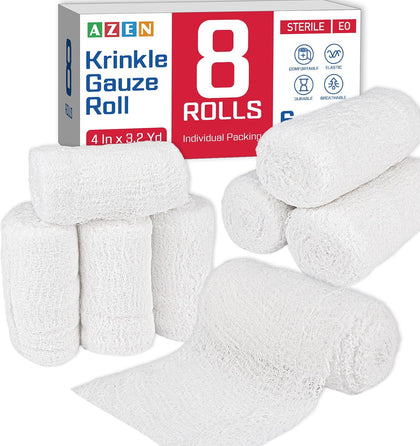 8 Pack Krinkle Gauze Rolls, 4 in x 3.2 Yards, 6-Ply 100% Cotton Bandage Wrap, Latex-Free Individually Wrapped, Highly