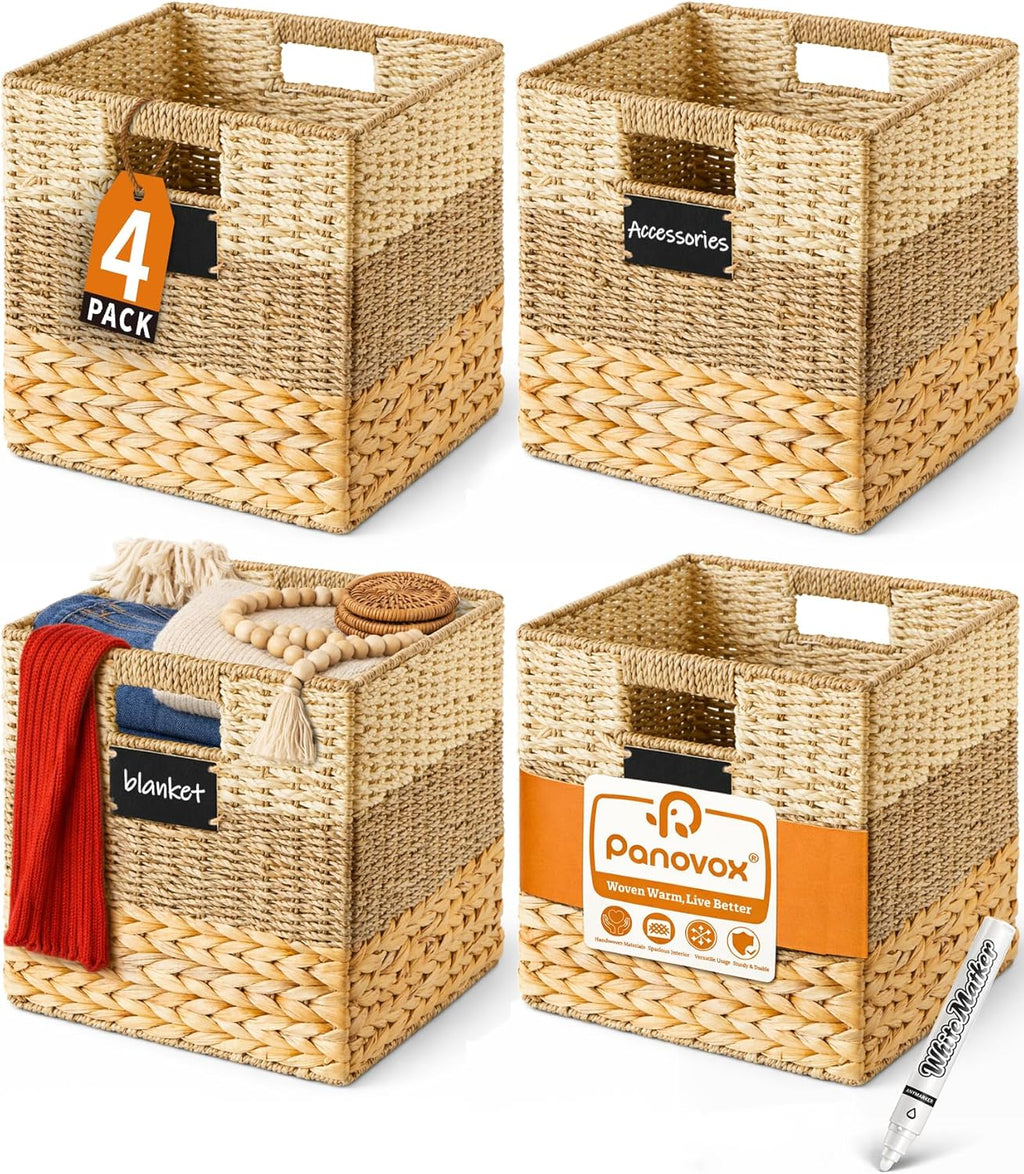 Storage Basket, 10.5x10.5x10.5 Inch Storage Cubes, Water Hyacinth Wicker Basket for Storage, Handmade Woven Baskets