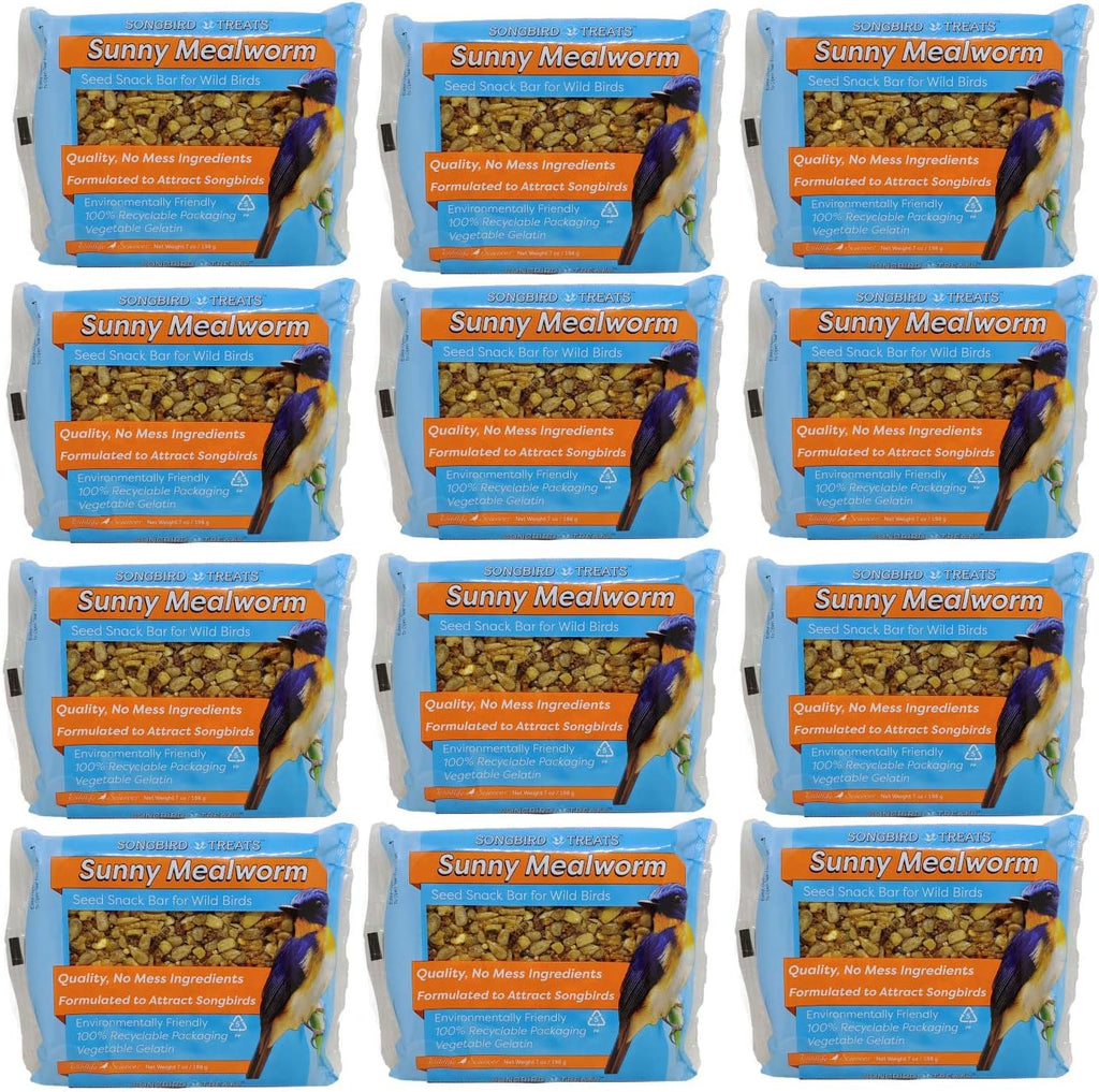 Songbird Treats Seed Bars | 12 Pack of 7 oz Bird Seed Cakes for Wild Birds (Sunny Mealworm)