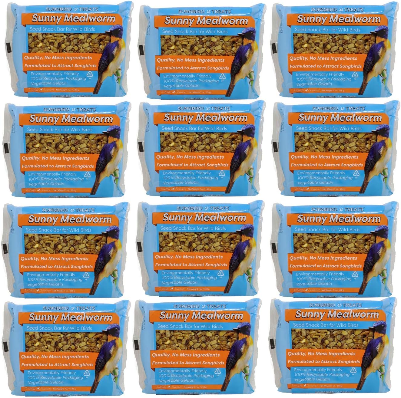 Songbird Treats Seed Bars | 12 Pack of 7 oz Bird Seed Cakes for Wild Birds (Sunny Mealworm)