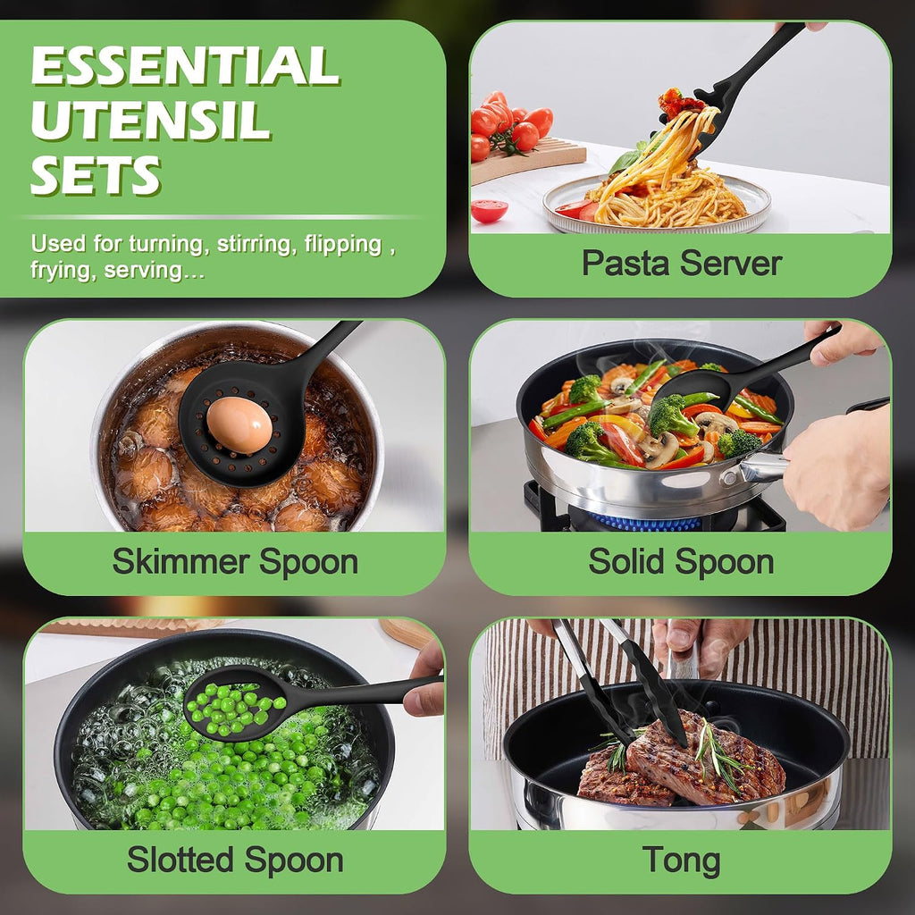 Silicone Cooking Utensil Set, 15pcs Kitchen Utensils with Holder for Nonstick Cookware, Heat Resistant Nontoxic