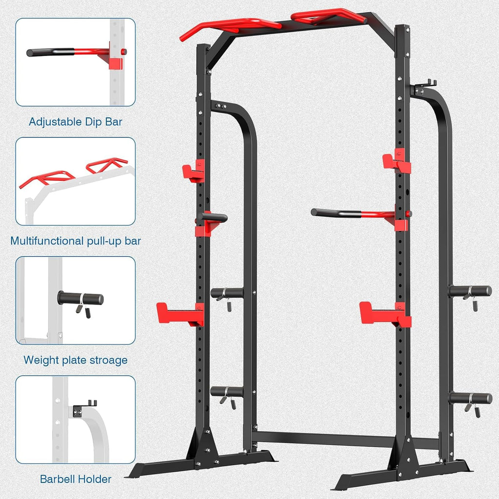 Power Cage Squat Rack, Power Rack with Pulley System, Adjustable Cable Crossover System, J-Hooks, Dip Handles, Weight