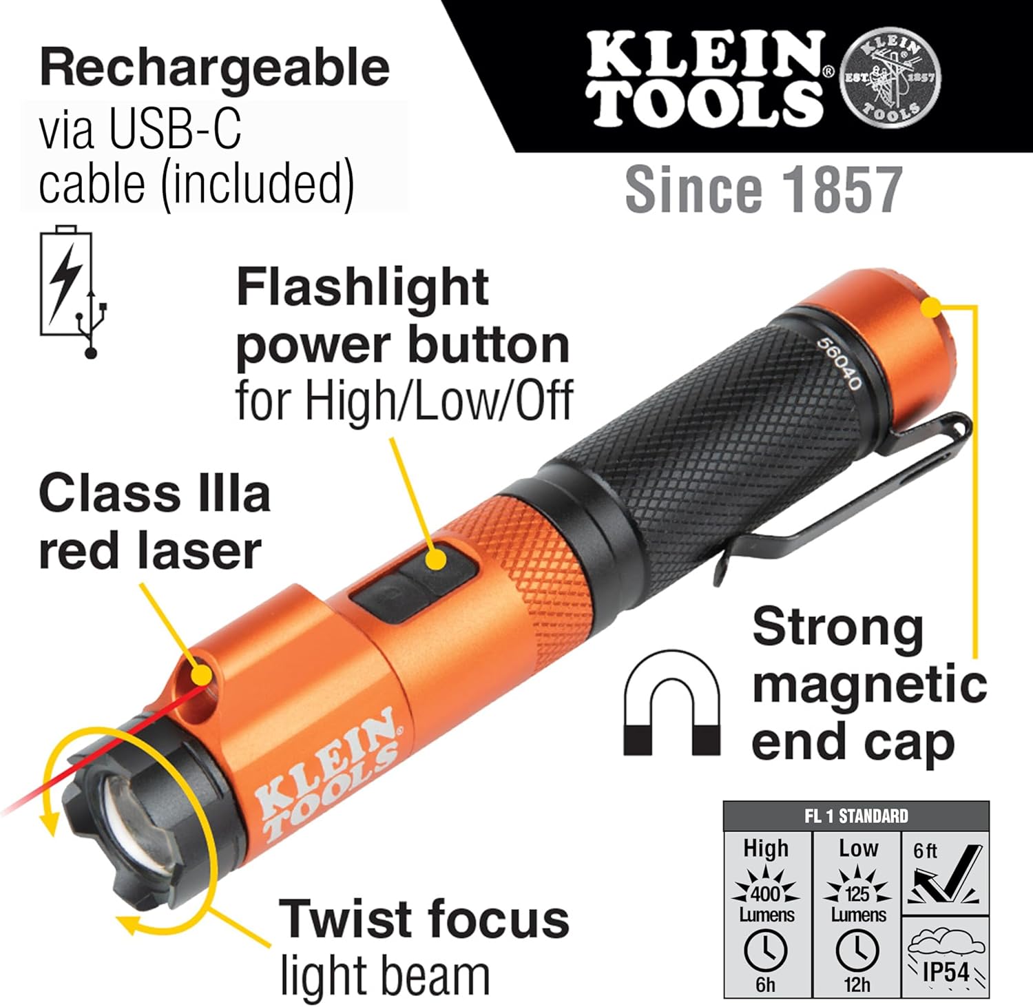 KLEIN TOOLS 56040 Magnetic LED Flashlight, 350 Lumen Rechargeable Flashlight, Twist Focus, Laser Pointer, Hands-Free