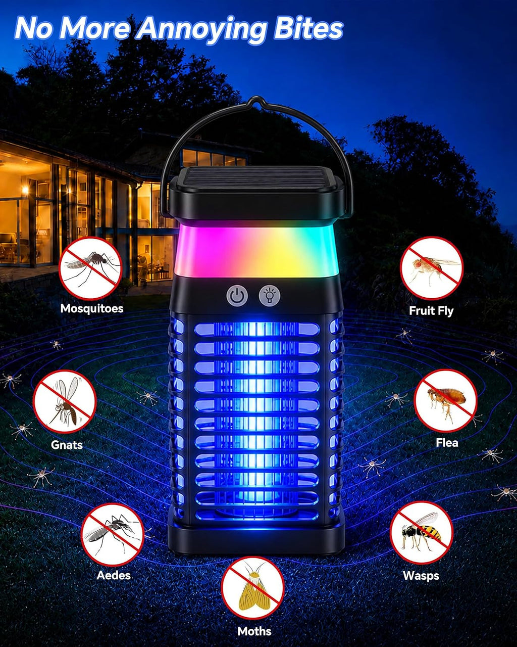 Solar Bug Zapper Outdoor/Indoor, 4000V Electric Mosquito Zapper with Flickering Flame & RGB Atmosphere Light