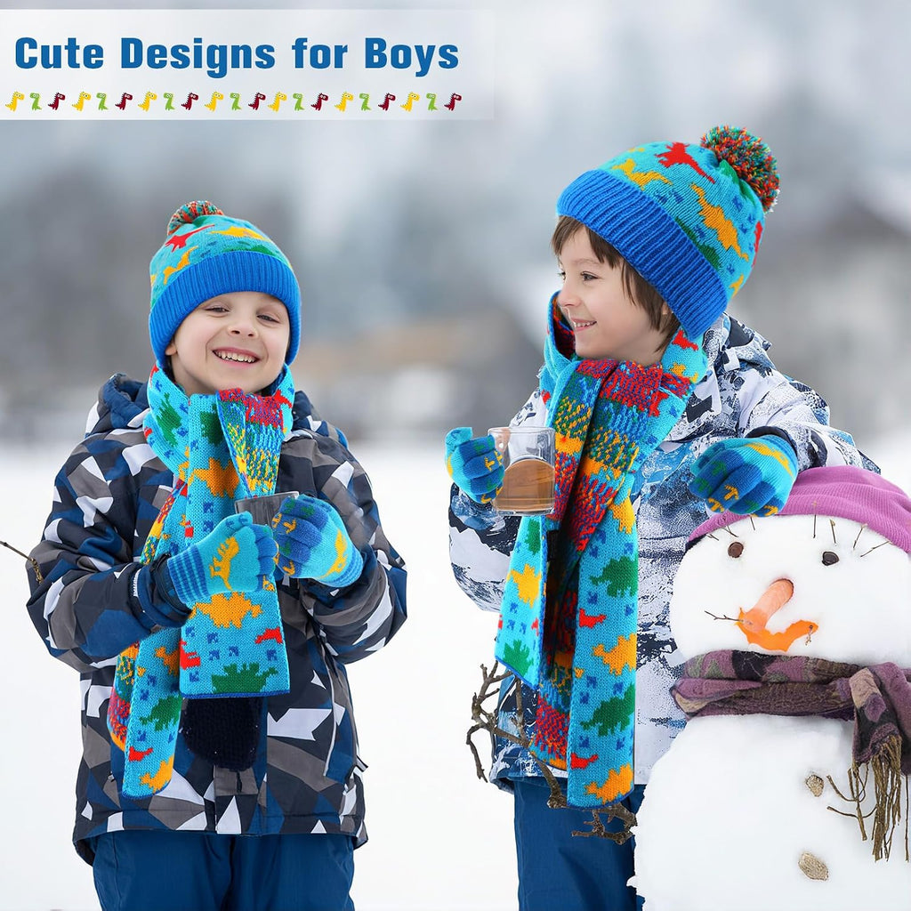 Kids Winter Hat Gloves Scarf Set Dinosaur Children Hat Beanie with Pom Winter Knit Neck Mittens for Boys Toddlers