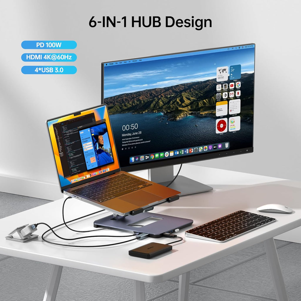 Laptop Stand with USB C 6in1 Docking Station, HDMI 4K@60Hz, 4*USB3.0, 100W PD Compatible with MacBook Pro/Air, iPad