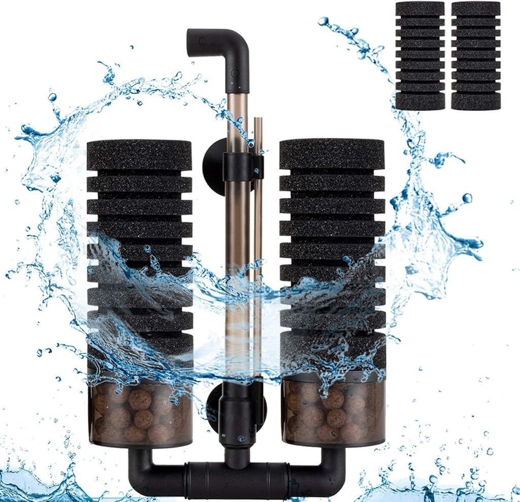Sponge Filter, Aquarium Filter Double Sponge Replaceable Media with 4 Biochemical Sponges and 1 Bag of Filtered