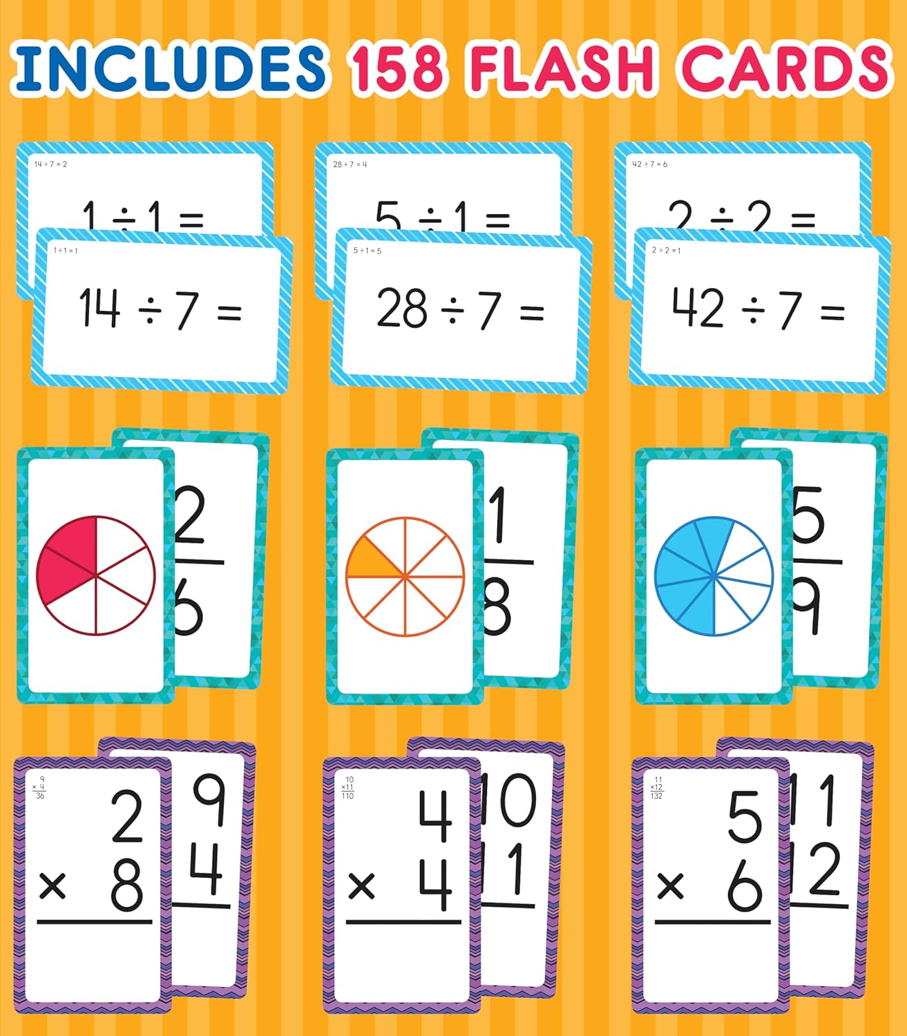 Carson Dellosa 3-Pack Math Flash Cards, Ages 8-12, Multiplication | Division, and Fractions, Math Games, Grade 3-5
