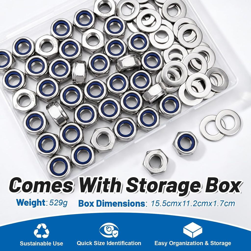 M10-1.5 Lock Nut 80Pcs Stainless Steel Nylock Locking Nuts with Washer