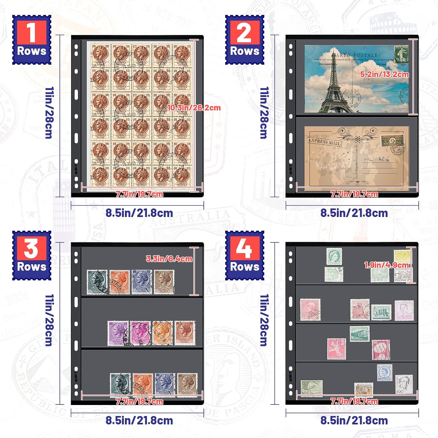 40 Sheet Stamp Pages for Stamp Album Binder 1/2/3/4 Pockets Collectors Postage Collecting Supplies Book of Stamps 9