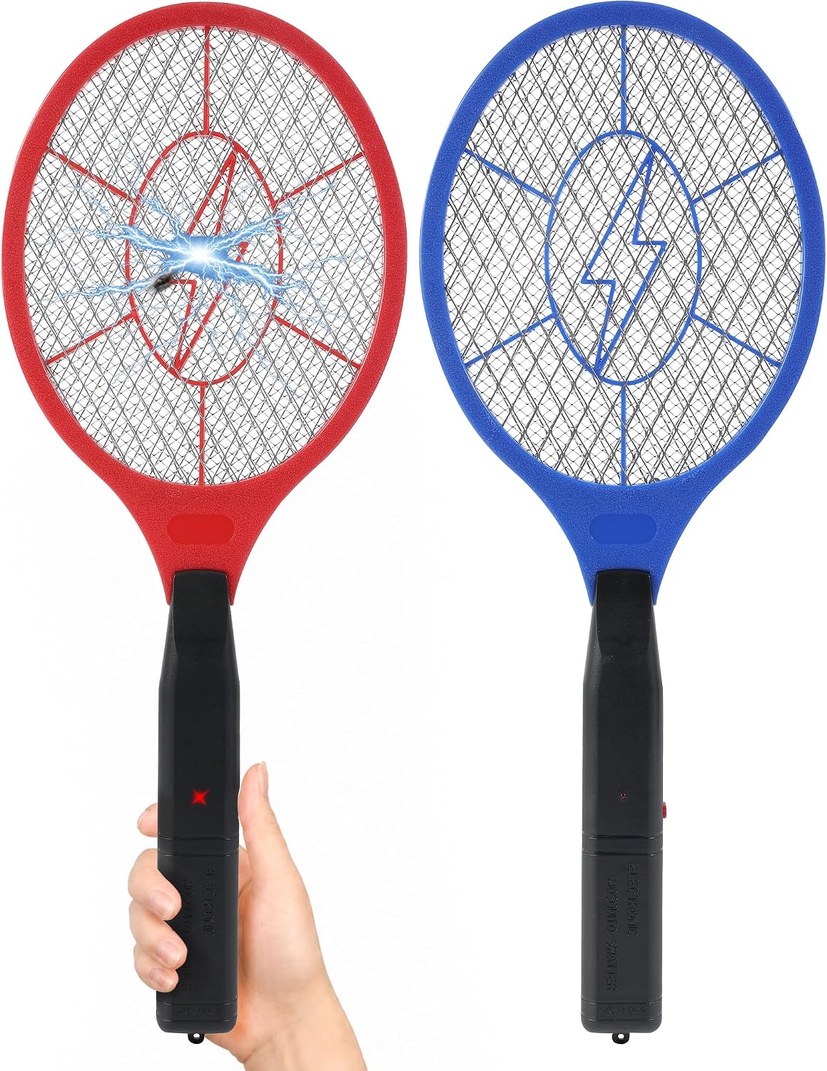 Electric Fly Swatter 2 Pack (Red & Blue), Battery Powered Bug Zapper Racket for Mosquitoes & Flies, Safe Protective