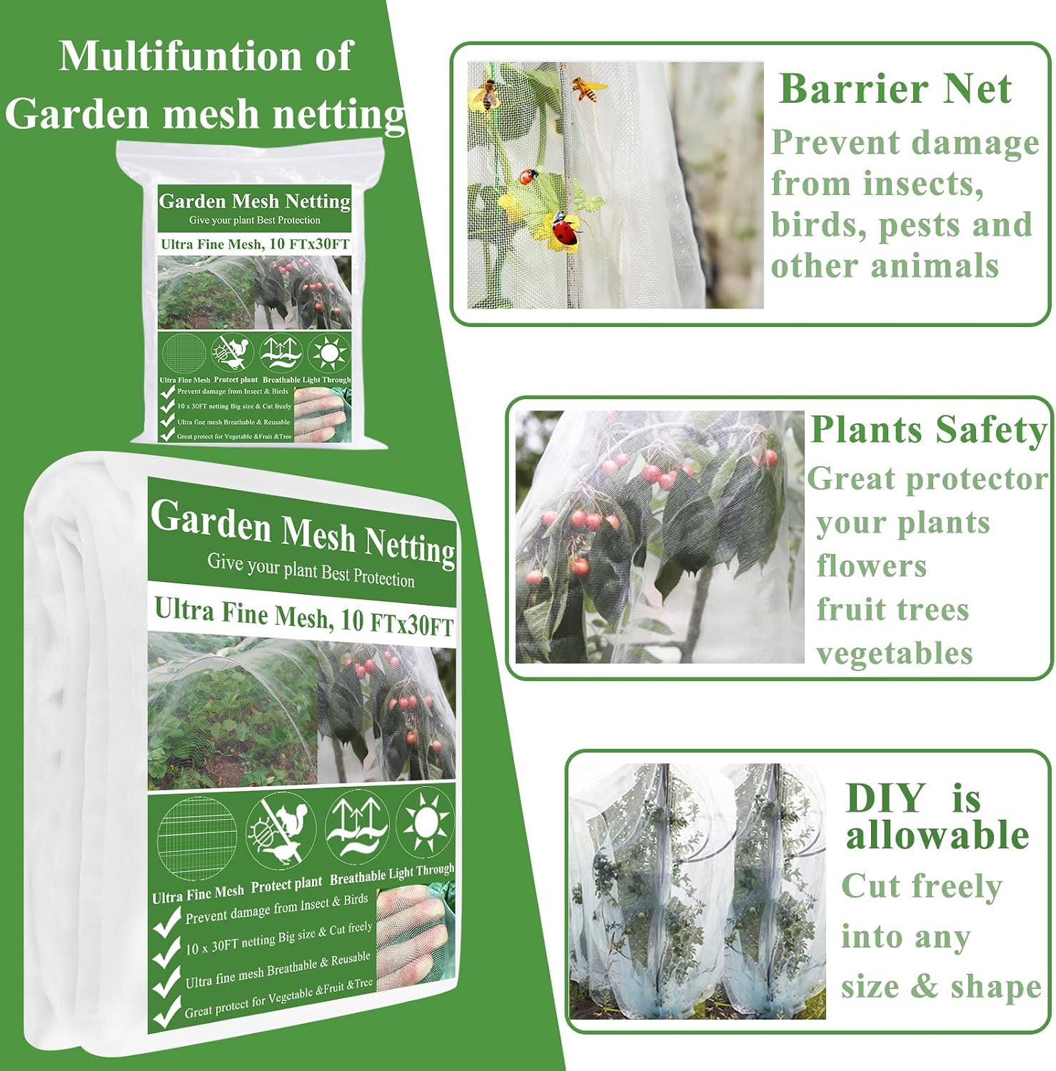 Garden Mesh Netting Kit, 10 * 30FT Ultra Fine Netting Plant Covers with 6 Pcs Wide Garden Hoops & 18 Clip, Garden