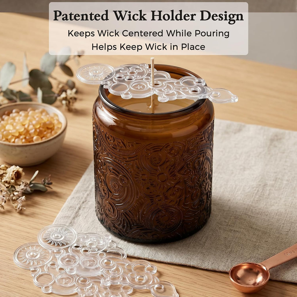 8 oz Mocha Sun Moon Stars Candle Jars with Bamboo Lids, 9 Pack | Patented Embossed Design, Includes Wick Centering
