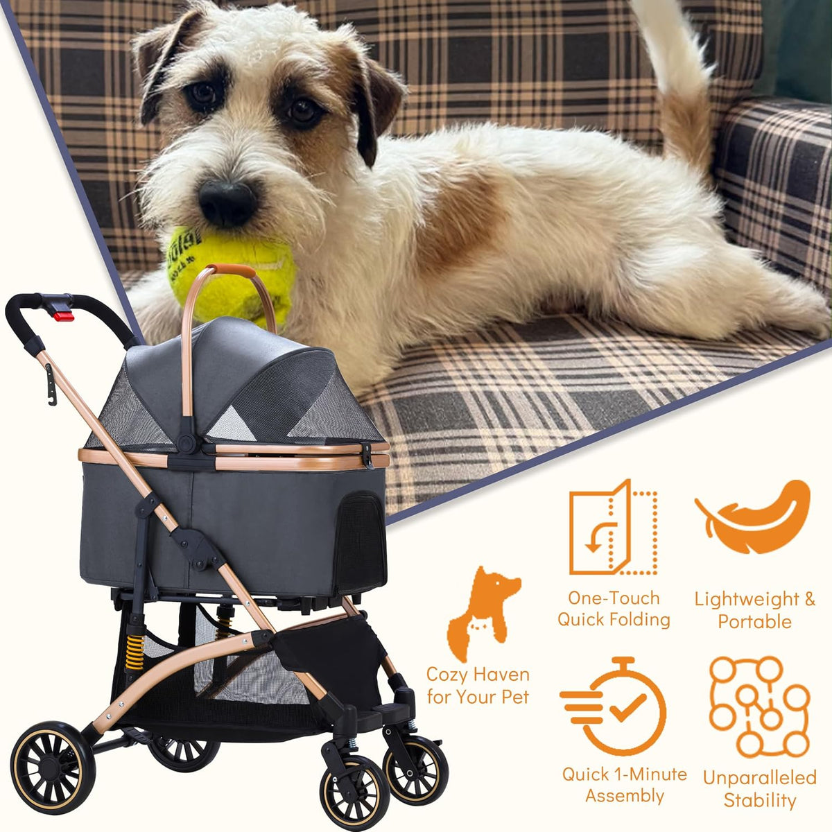 Pet Stroller for Small Dogs Cats, 6 Shock Absorption System