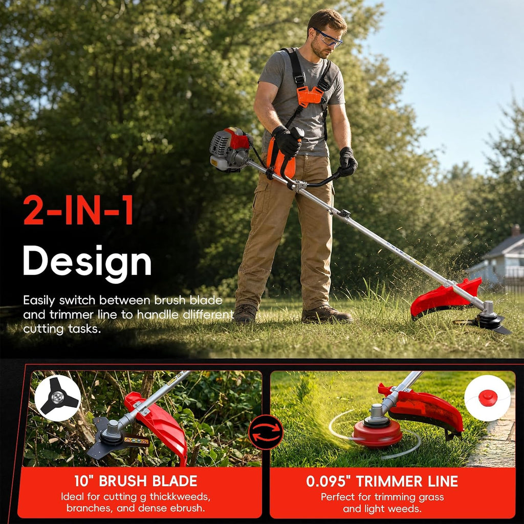 Gas Powered Weed Eater, 52cc 2-Stroke Weed Wacker, Powerful 2-in-1 String Trimmer & Brush Cutter for Yard Garden
