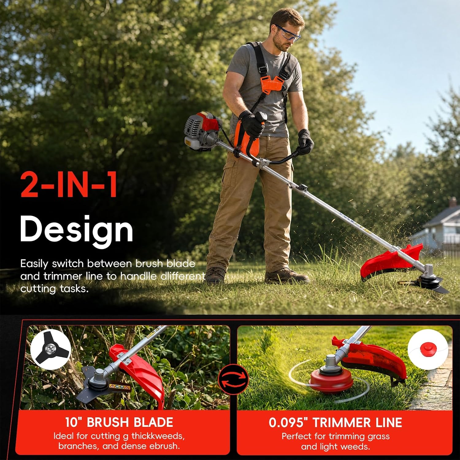 Gas Powered Weed Eater, 52cc 2-Stroke Weed Wacker, Powerful 2-in-1 String Trimmer & Brush Cutter for Yard Garden