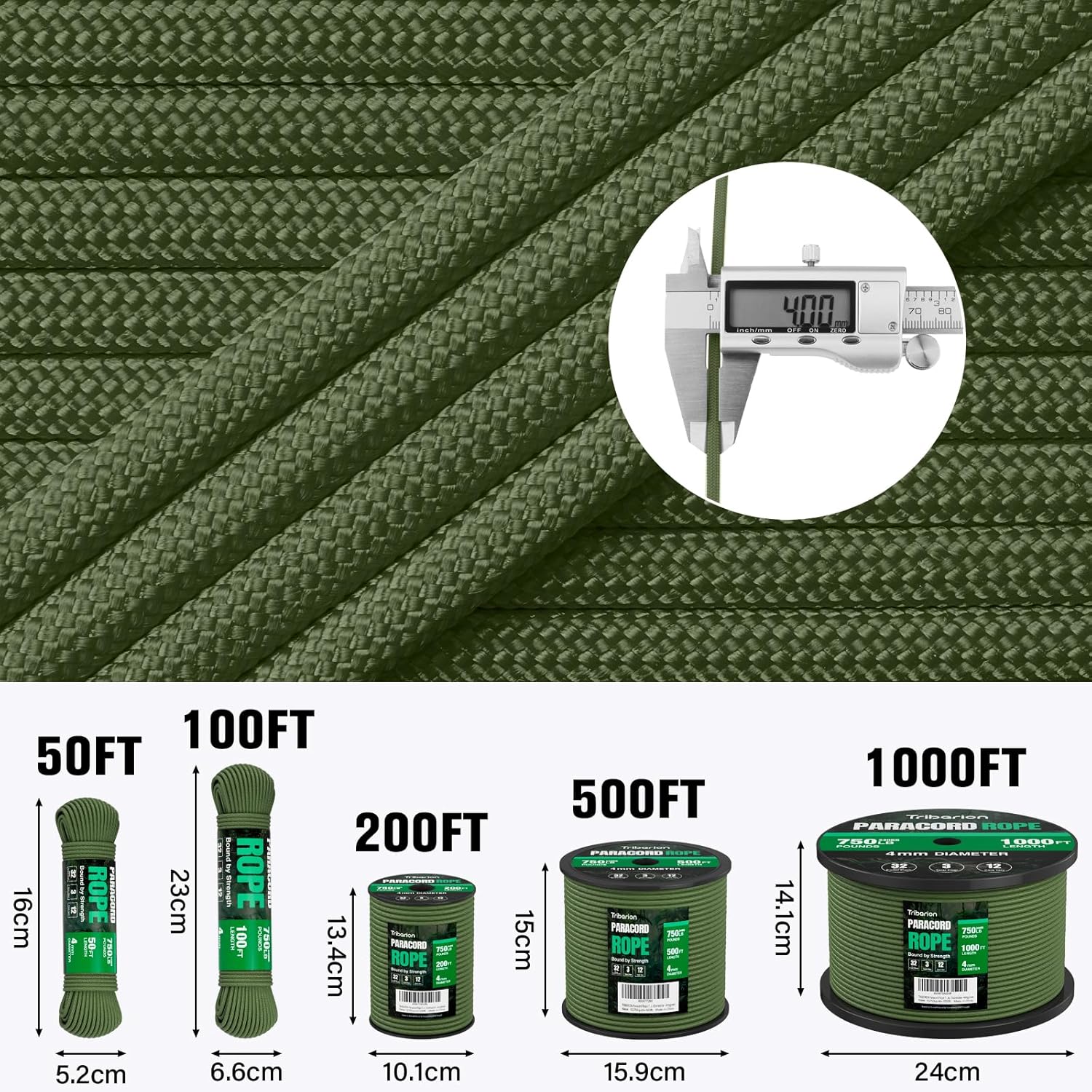 Paracord Rope 750 lb - 1000ft / 500ft / 200ft / 100ft 5/32" Parachute Cord 4MM 12-Strand para Cord - Heavy Duty Spool