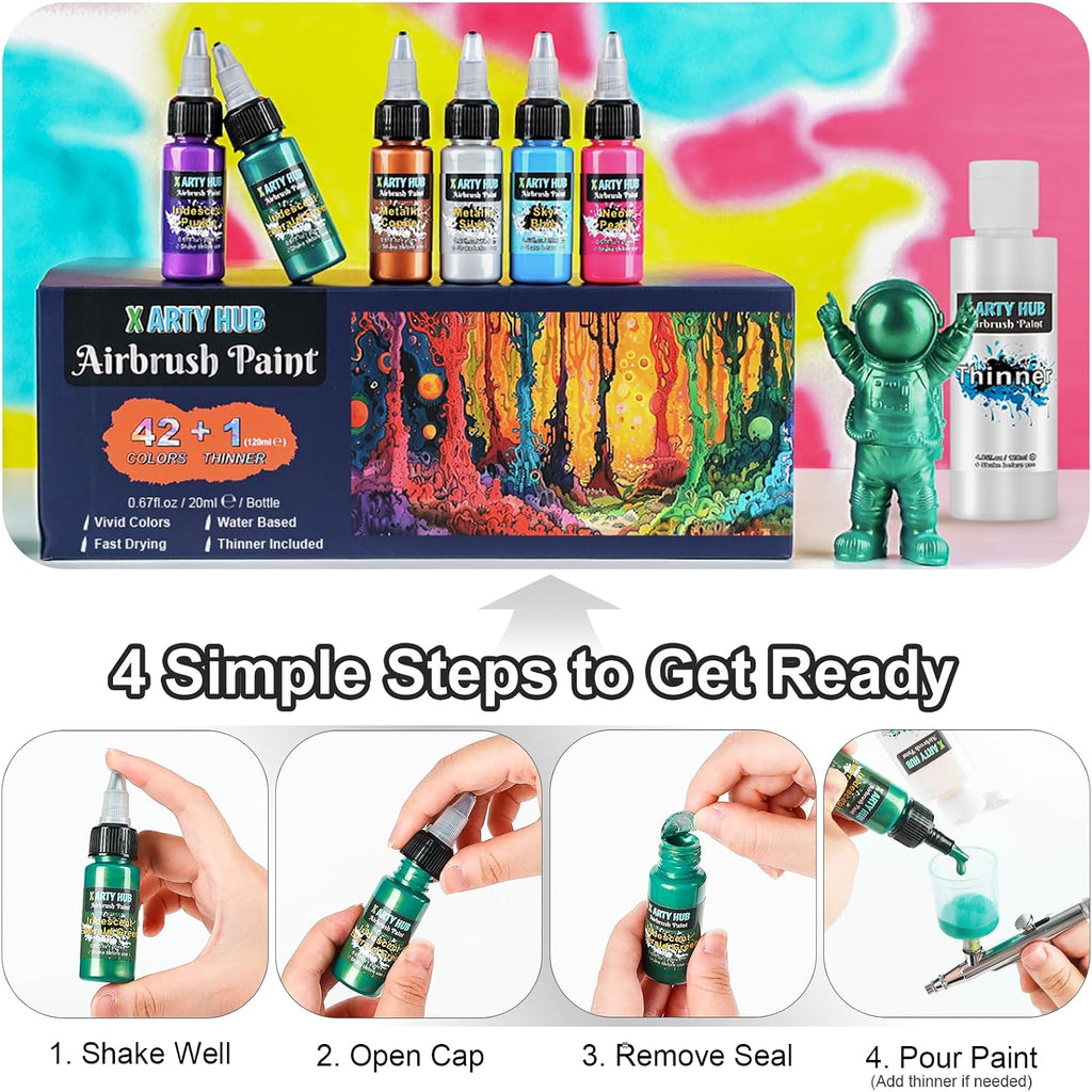 Airbrush Paint Set, 42 Acrylic Paints with 4.05 fl oz Thinner | Ready-to-Spray, Iridescent, Neon & Metallic Colors