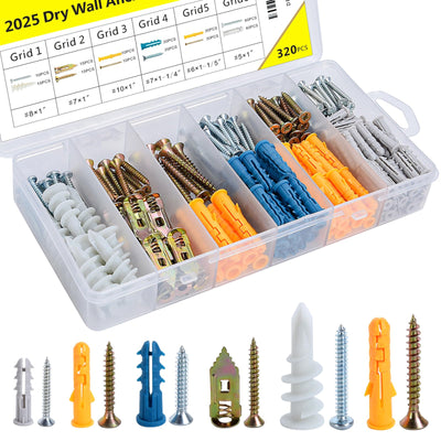 320PCS Drywall Anchors and Screws Kit, 6 Sizes Plastic Wall Anchors