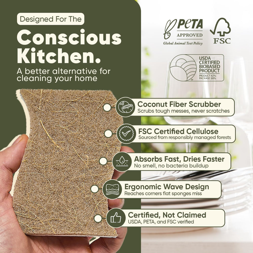 Plant-Based Kitchen Sponges (12 Pack) | USDA Biobased Certified | FSC & PETA Approved | Natural Cellulose & Coconut