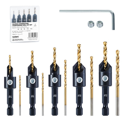 toolant Countersink Drill Bit Set,5Pcs Counter Sink Drill Bit Set for Wood,#4, #6, #8, #10, #12, High-Speed Steel 5 Spare Bits Adjustable for Woodworking and Carpentry, Pilot Screw Hole Set