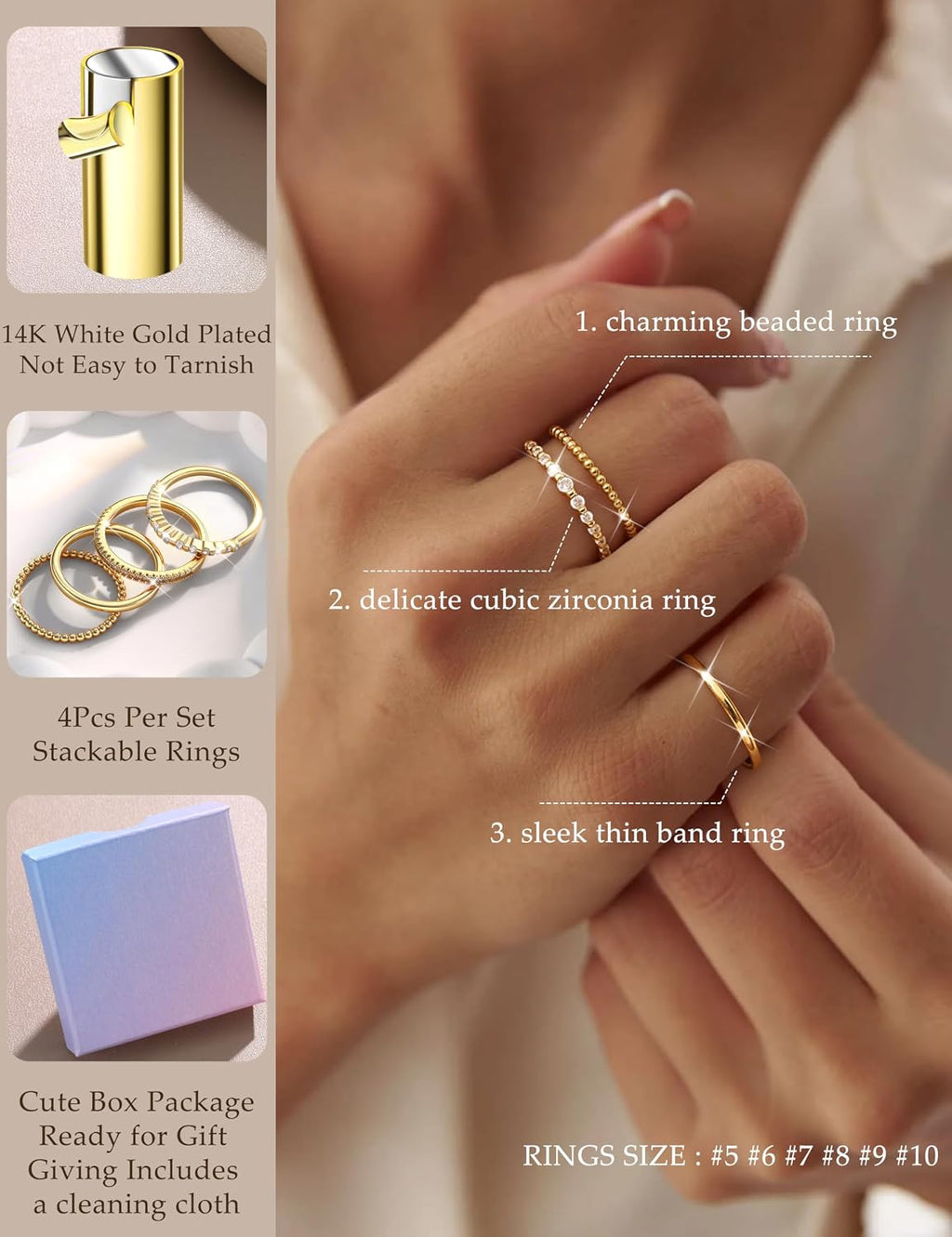 14K Gold Plated Stackable Rings for Women Non Tarnish Dainty Cubic Zirconia Thumb Ring Set Silver Plated Stacking Set