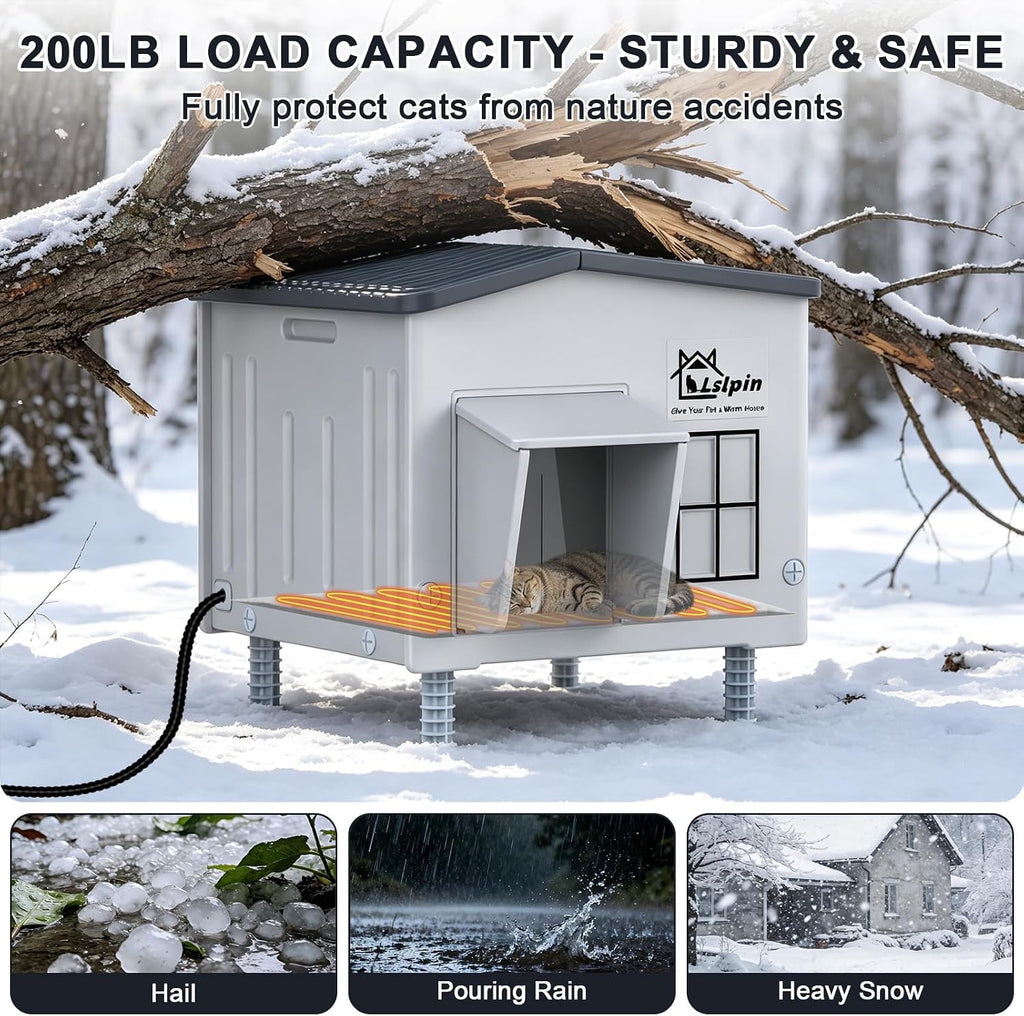 Indestructible Heated Cat House for Outside, 100% Waterproof & Weatherproof Heated Outdoor Cat House with Escape Door