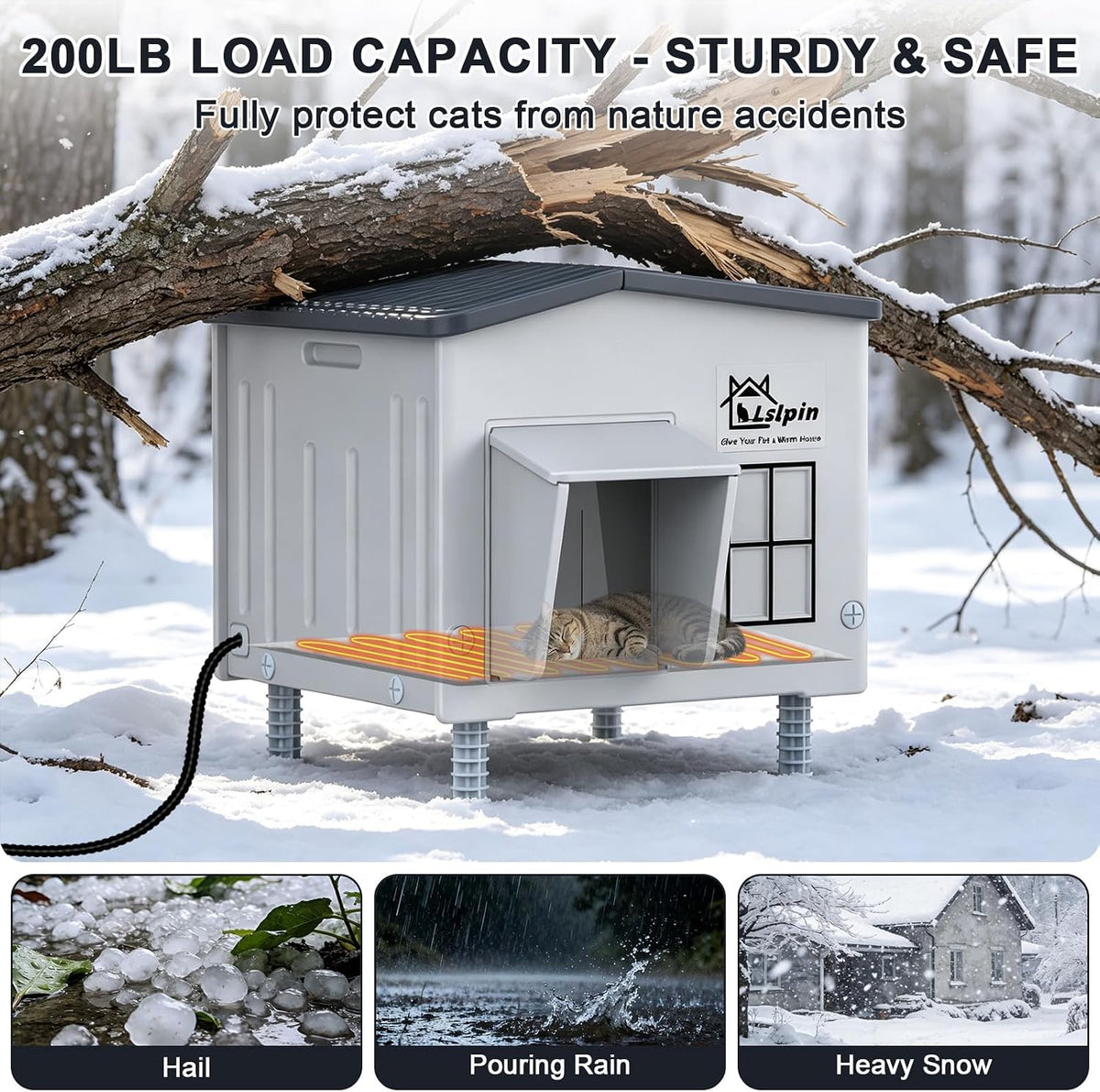 Indestructible Heated Cat House for Outside, 100% Waterproof & Weatherproof Heated Outdoor Cat House with Escape Door
