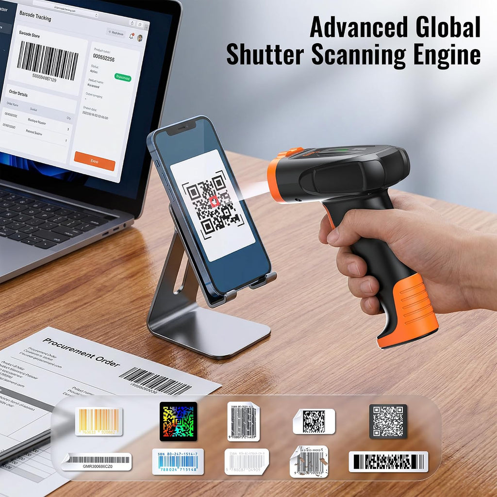 Barcode Scanner Wireless Handheld: 1D 2D QR Li-Polymer 2200mAh, D5300 | 640*480 Global CMOS, BT 2.4G Wireless, USB