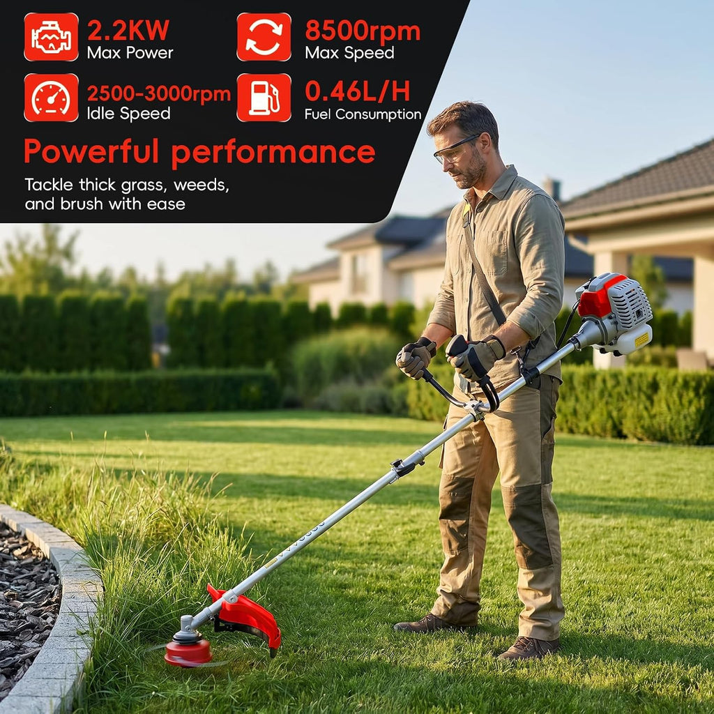 Gas Powered Weed Eater, 52cc 2-Stroke Weed Wacker, Powerful 2-in-1 String Trimmer & Brush Cutter for Yard Garden