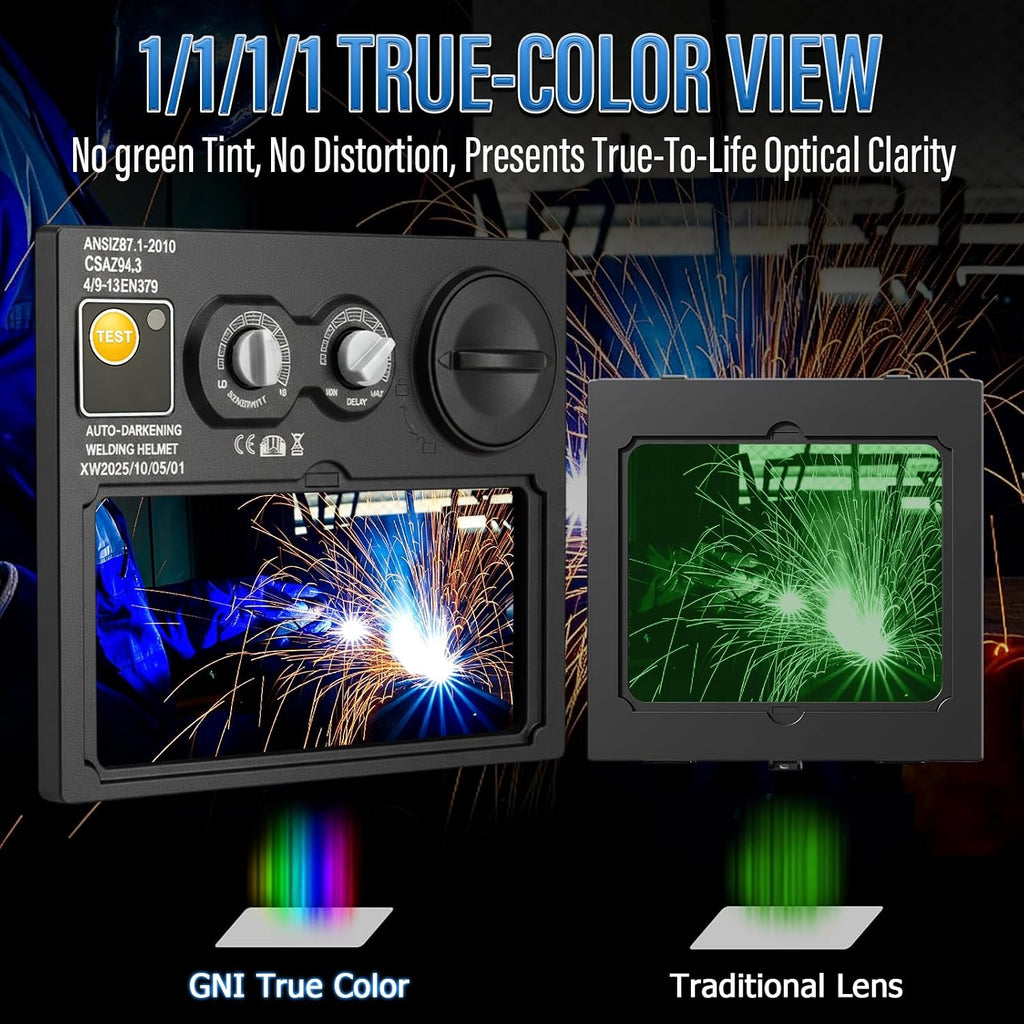 180° Panoramic Welding Helmet Auto-Darkening, Solar Powered Weld Helmet | 1/1/1/1 True Color Welding Shield with 2