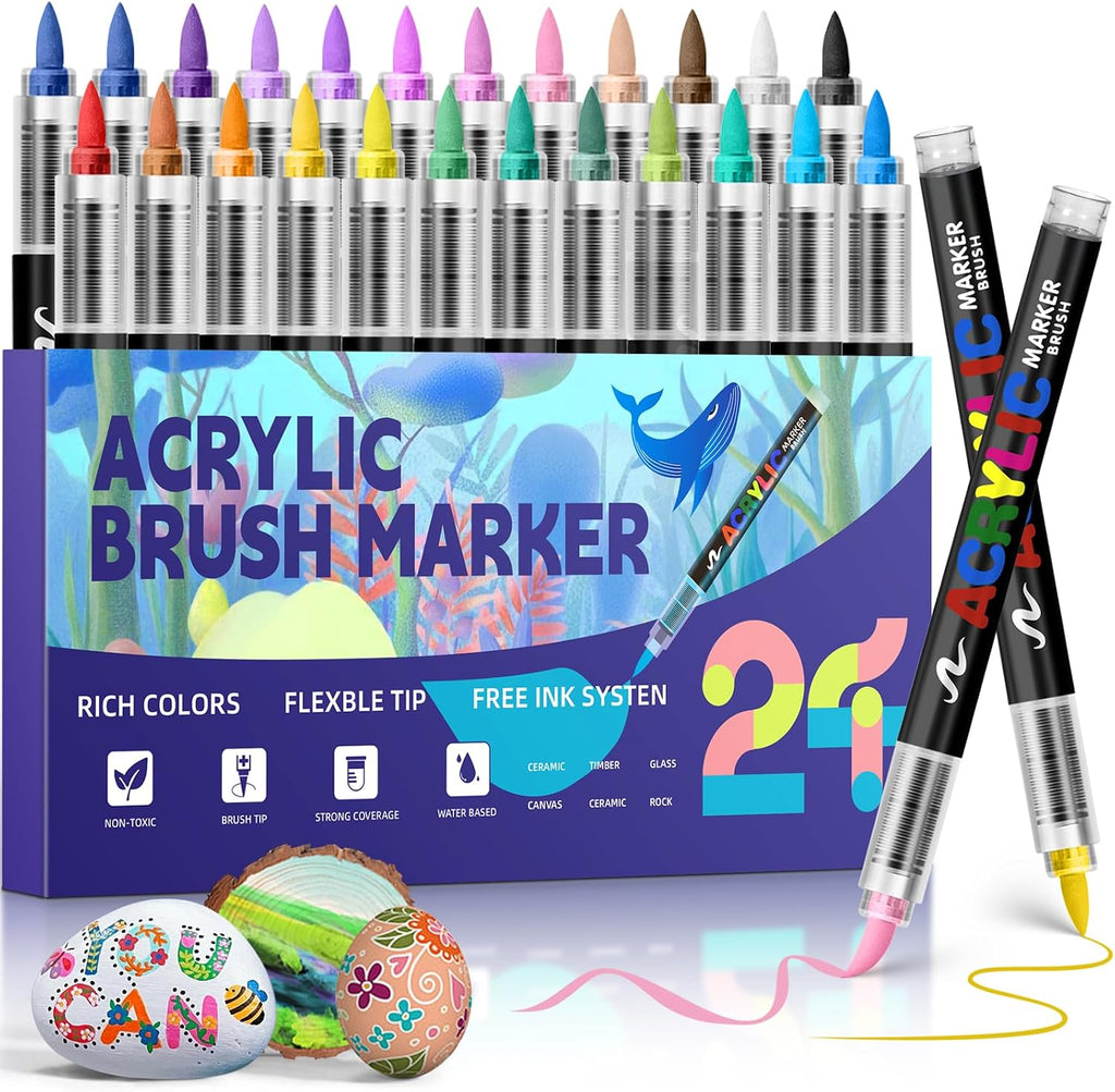 Acrylic Paint Markers,Acrylic Brush Markers Paint Pens, No Bleed Paint markers for Fabric,Wood,Rocks,Canvas