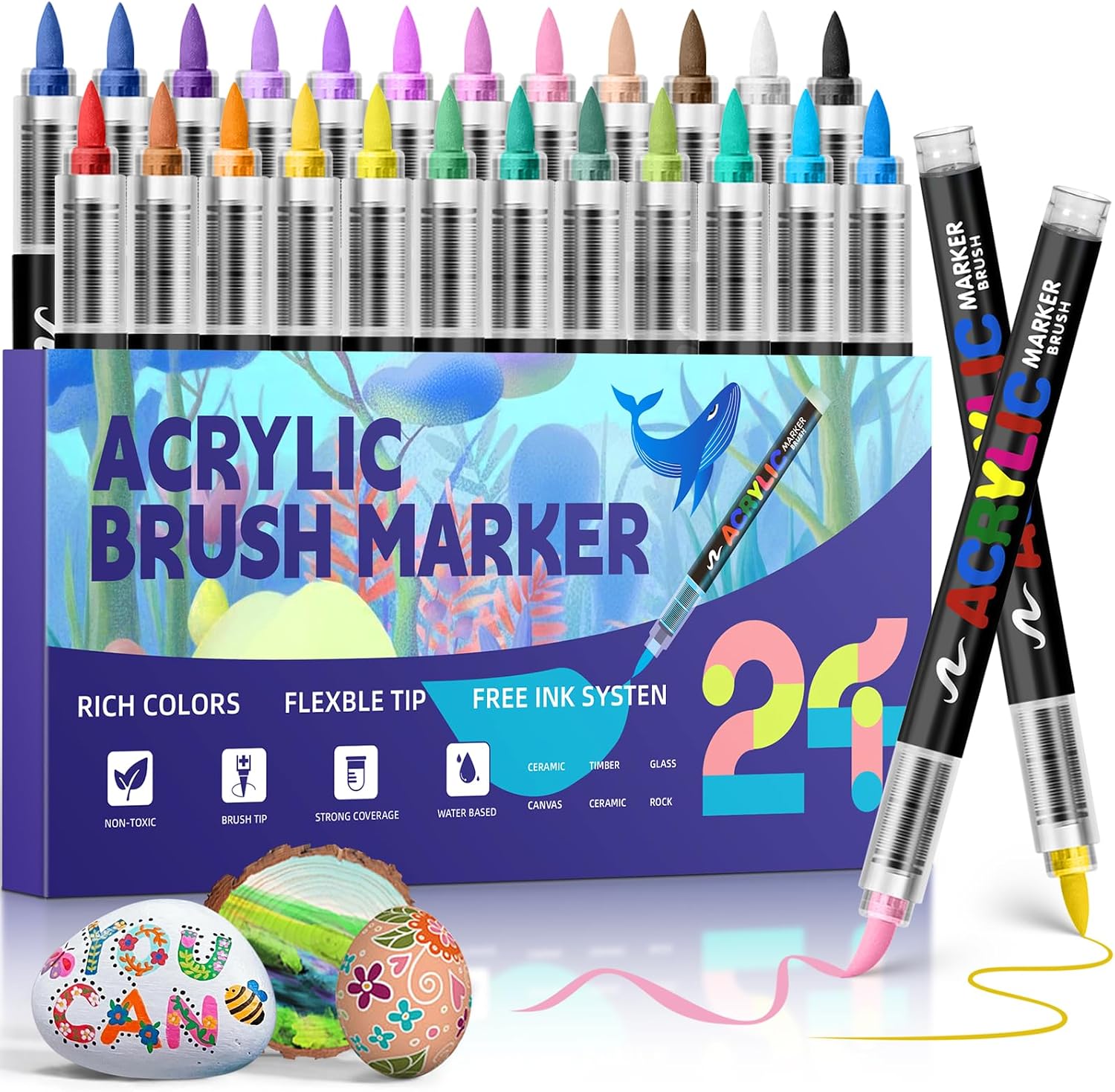 Acrylic Paint Markers,Acrylic Brush Markers Paint Pens, No Bleed Paint markers for Fabric,Wood,Rocks,Canvas