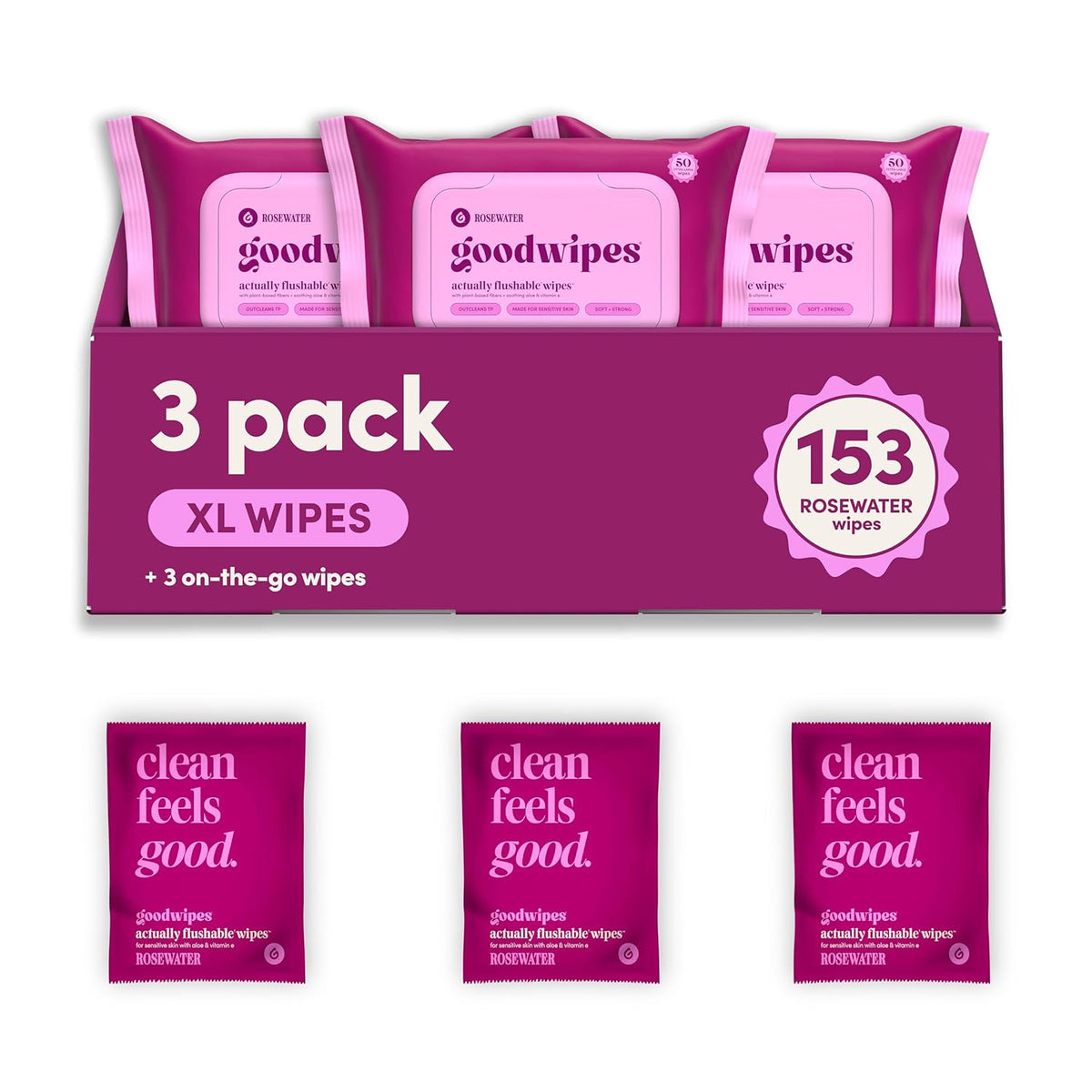 Flushable Wipes - Rosewater, 153 Wipes (3 Pack + 3 Singles)