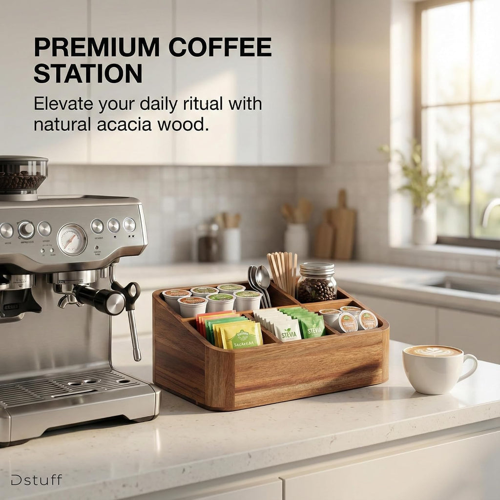 Acacia Wood Coffee Station Organizer for Countertop, Tea Organizer and Holder, Coffee Bar Caddy with Multiple