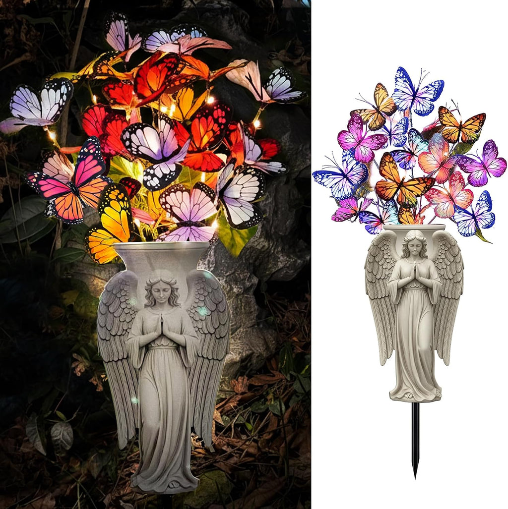 Solar Angel Grave Decorations - Metal Silhouette Memorial Stake with Butterfly Lights, Flat Garden Decor for
