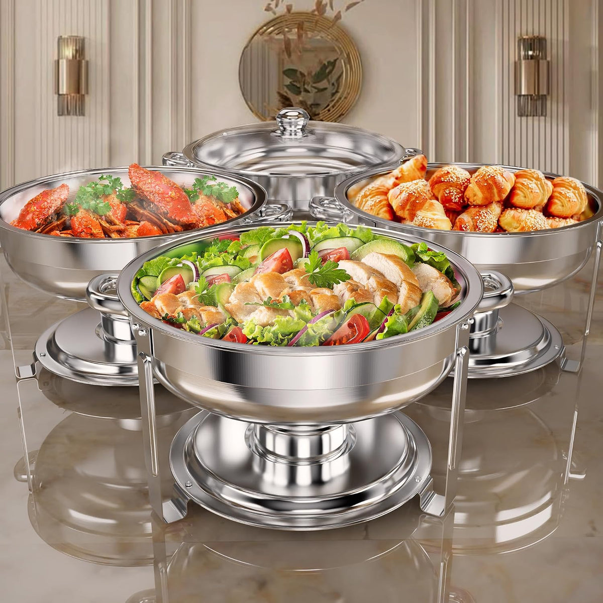 6QT Chafing Dishes for Buffet, 4 Pack Stainless Steel Round Chafing Dish Buffet Set, Heating and Cooling Buffet