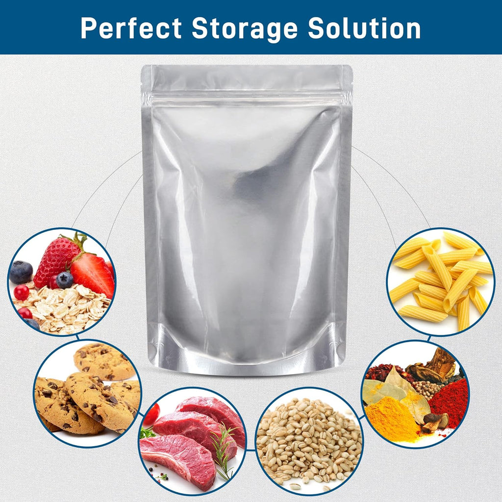 50 Packs Mylar Bags for Food Storage with Clear Window,1 QUART(9.44 Mil, 7"x 10") Reusable Mylar Bags with 400CC