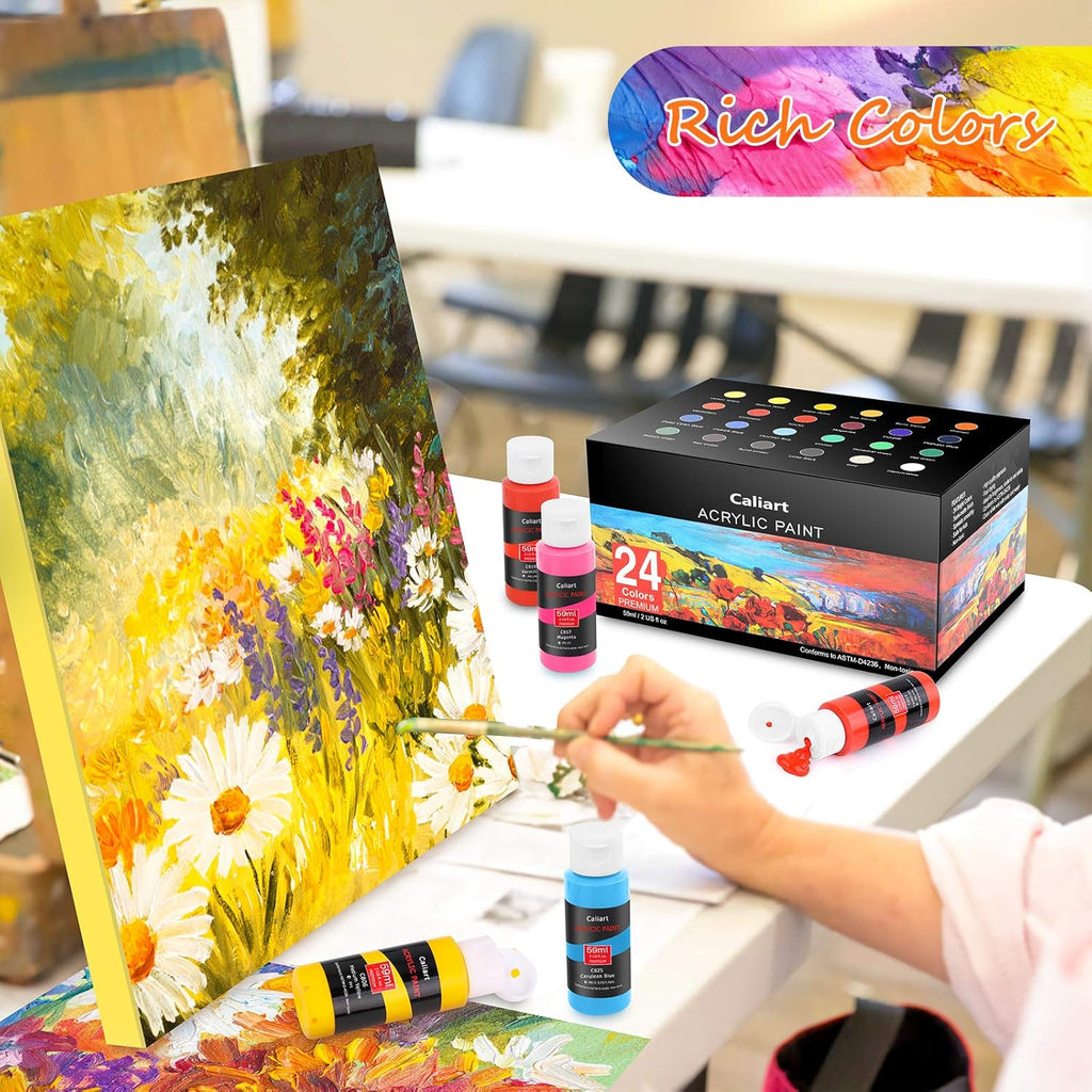 Acrylic Paint Set with 12 Brushes, 24 Colors Wood Craft Paints for Adults Kids Artists Beginners, Rich Pigments