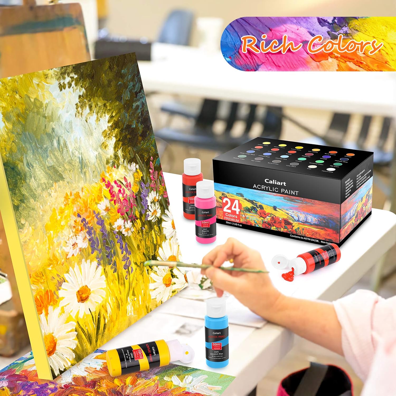 Acrylic Paint Set with 12 Brushes, 24 Colors Wood Craft Paints for Adults Kids Artists Beginners, Rich Pigments