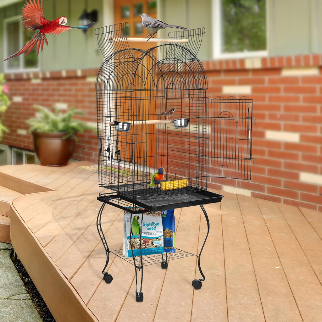 63.5 Inch Open-Top Birdcage, Wrought Iron Bird Cage with Slide-Out Tray + Detachable Rolling Stand, Pet Parrot Cage