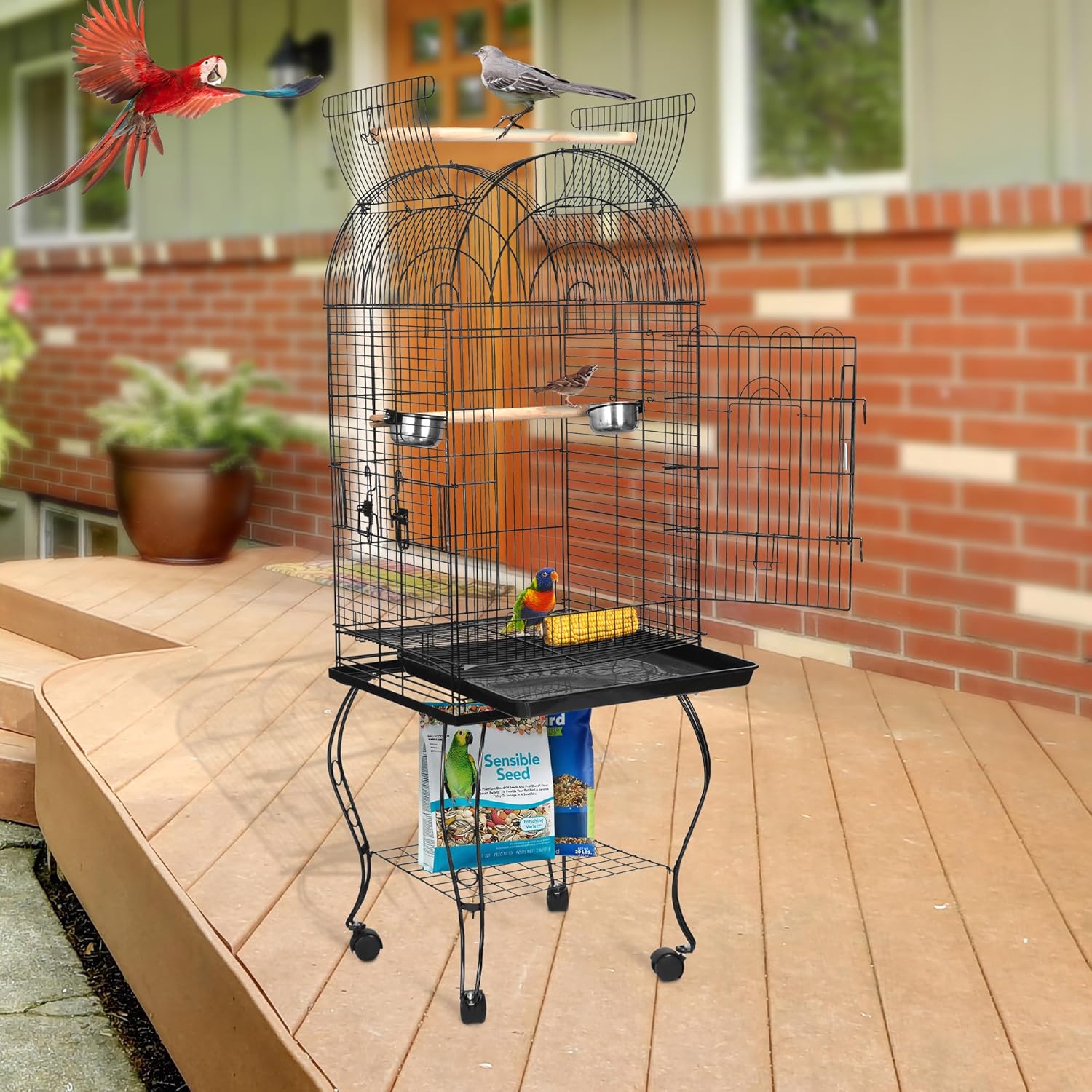 63.5 Inch Open-Top Birdcage, Wrought Iron Bird Cage with Slide-Out Tray + Detachable Rolling Stand, Pet Parrot Cage