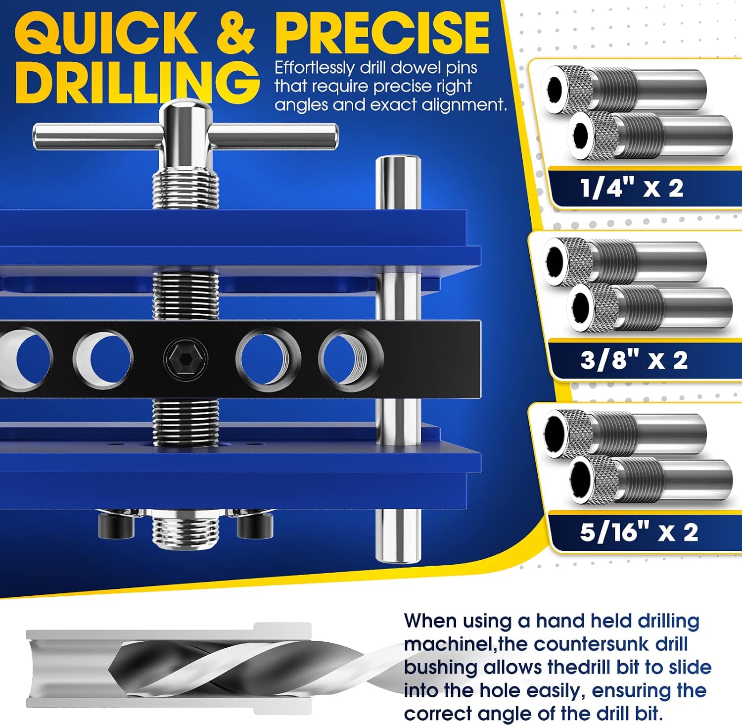 Self Centering Doweling Jig Kit, Drill Jig For Straight Holes Biscuit Joiner Set With 6 Drill Guide Bushings
