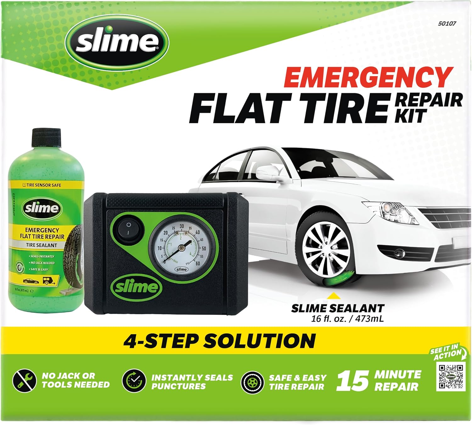 50107 Flat Tire Puncture Repair, Smart Spair, Emergency Kit For Car Tires, Includes Sealant And Tire Inflator Pump