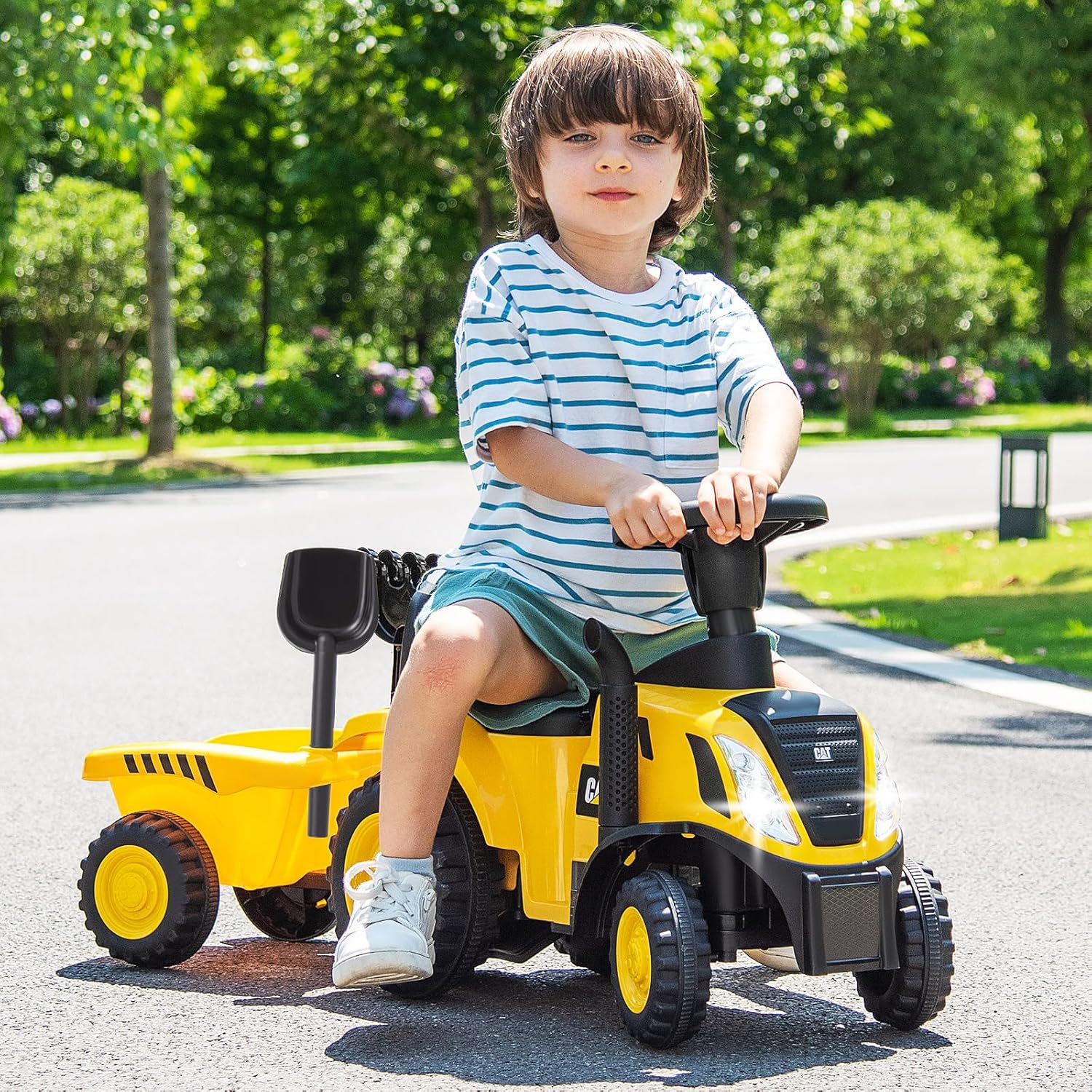 Ride on Tractor, 2-in-1 Licensed Caterpillar Ride On Push Car for Toddlers, Detachable Trailer, Horn, Engine Sound