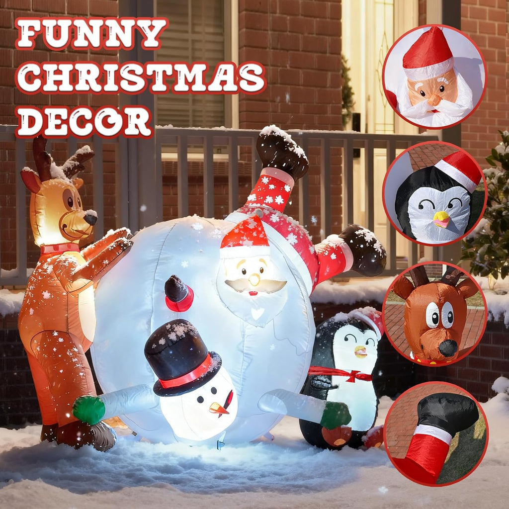 6FT Inflatable Santa Snowball Scene with LED Lights for Yard | Penguin reindeer snowman blow up decorations, Built-in