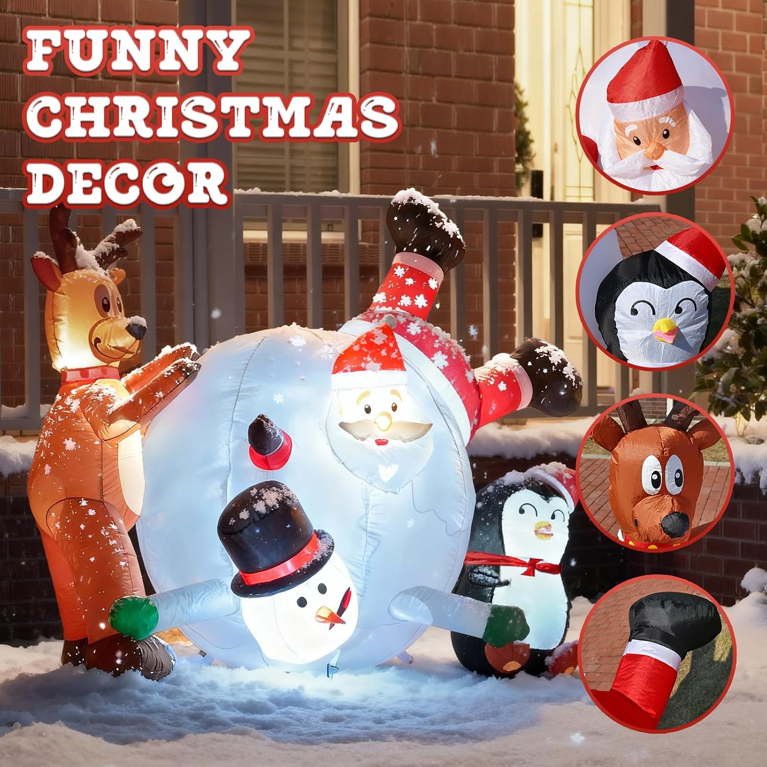 6FT Inflatable Santa Snowball Scene with LED Lights for Yard | Penguin reindeer snowman blow up decorations, Built-in
